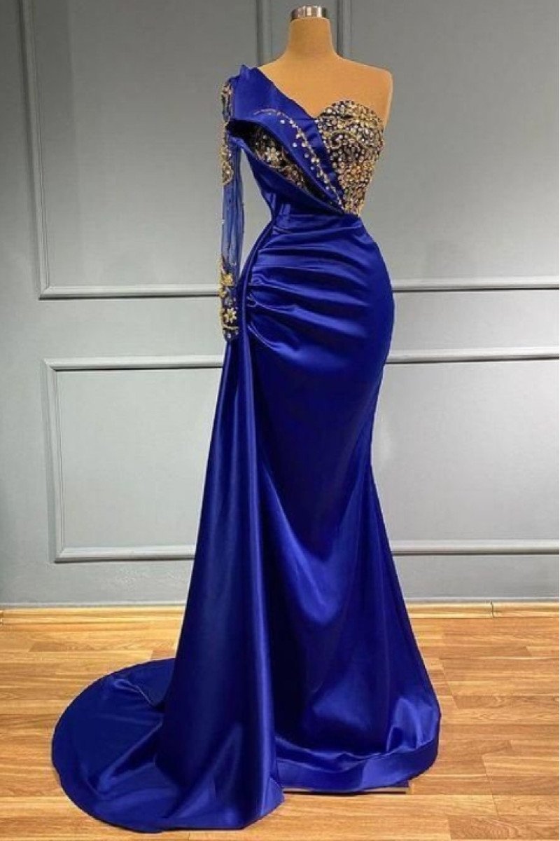 Alexis Elegant Royal Blue One Shoulder Mermaid Prom Dresses With Crystal