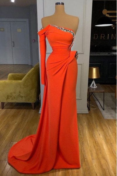 Amber Fashion Orange Strapless Beading Sheath Prom Dresses With Court Train