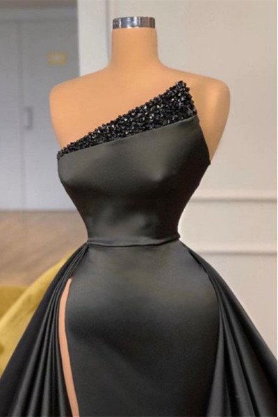 Andrea Wonderful Black Strapless Backless Beading Side Slit A-Line Prom Dresses 