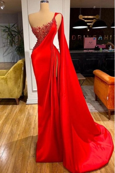 Angle Beautiful Red One Shoulder Beading Side Slit Watteau Train Sheath Prom Dresses