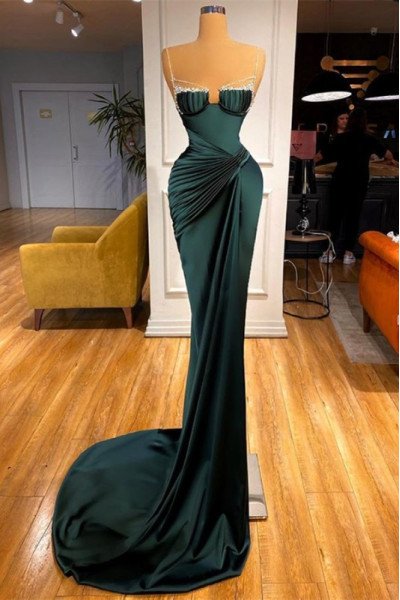 Anita Gentle Dark Green Spaghetti Straps Sheath Prom Dresses With Crystal
