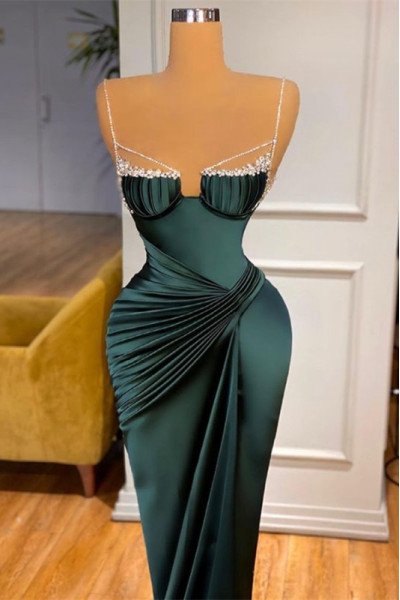 Anita Gentle Dark Green Spaghetti Straps Sheath Prom Dresses With Crystal