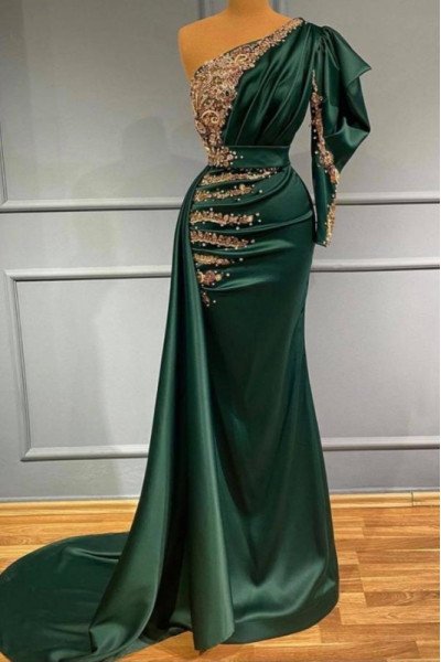 Ann Gorgeous Dark Green One Shoulder Beading Sheath Prom Dresses With Appliques