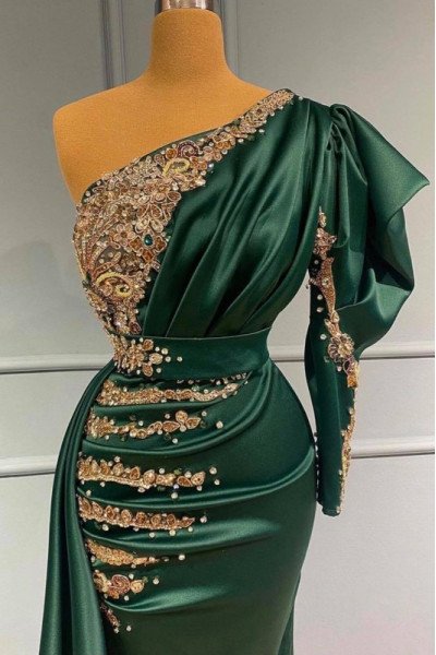 Ann Gorgeous Dark Green One Shoulder Beading Sheath Prom Dresses With Appliques