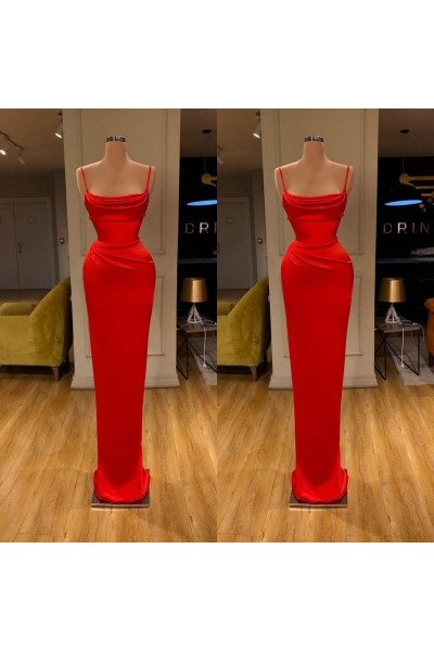 Annabelle Simple Red Spaghetti Straps Ruffles Sheath Prom Dresses