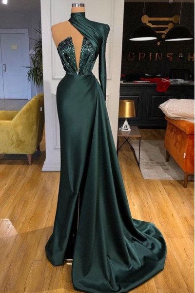 Ariel Gentle Dark Green One Shoulder Beading Sheath Prom Dresses