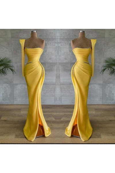 Arthur Fancy Yellow One Shoulder Side Slit Beading Sheath Prom Dresses