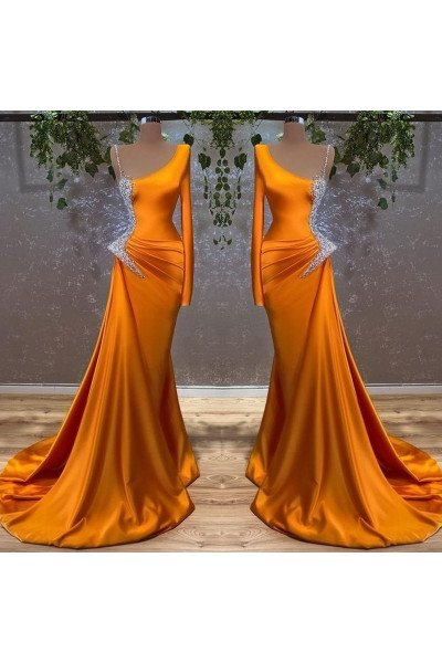 Ashley Mild Orange One Shoulder Court Train Sheath Prom Dresses With Crystal