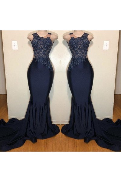 Astrid Fashion Dark Navy Sheer Straps Court Train Mermaid Prom Dresses With Appliques