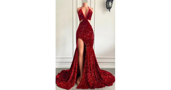 Sexy Burgundy Sequins Side Slit Sheath Floor Length Prom Dress