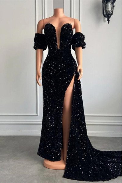 Beverly Special Black Sequins Strapless Side Slit Sheath Prom Dresses