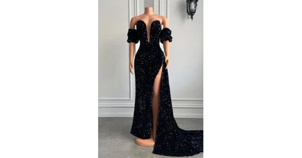 Simple Black Sequins V-Neck Sheath Side Slit Prom Dress main image 0