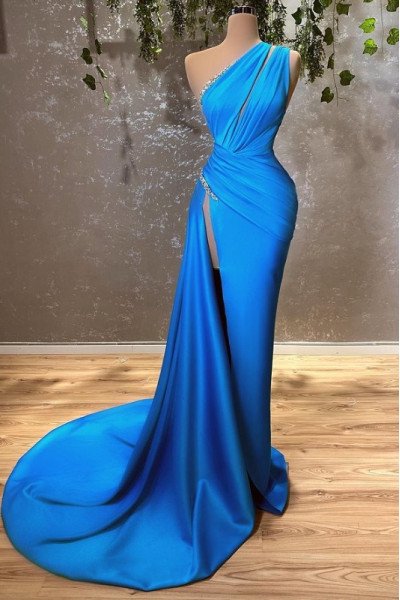 Blake Modern Blue One Shoulder Side Slit Sheath Prom Dresses With Crystal