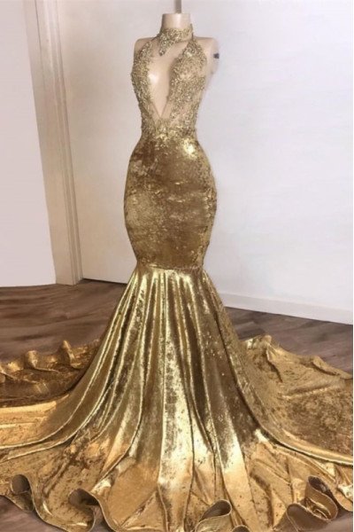 Blanche Luxury Gold High Neck Keyhole Velvet Mermaid Prom Dresses With Appliques