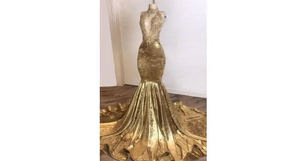 White and Gold High Neck Keyhole Long Sleeves Mermaid Prom Dresses,DS4616 main image 1