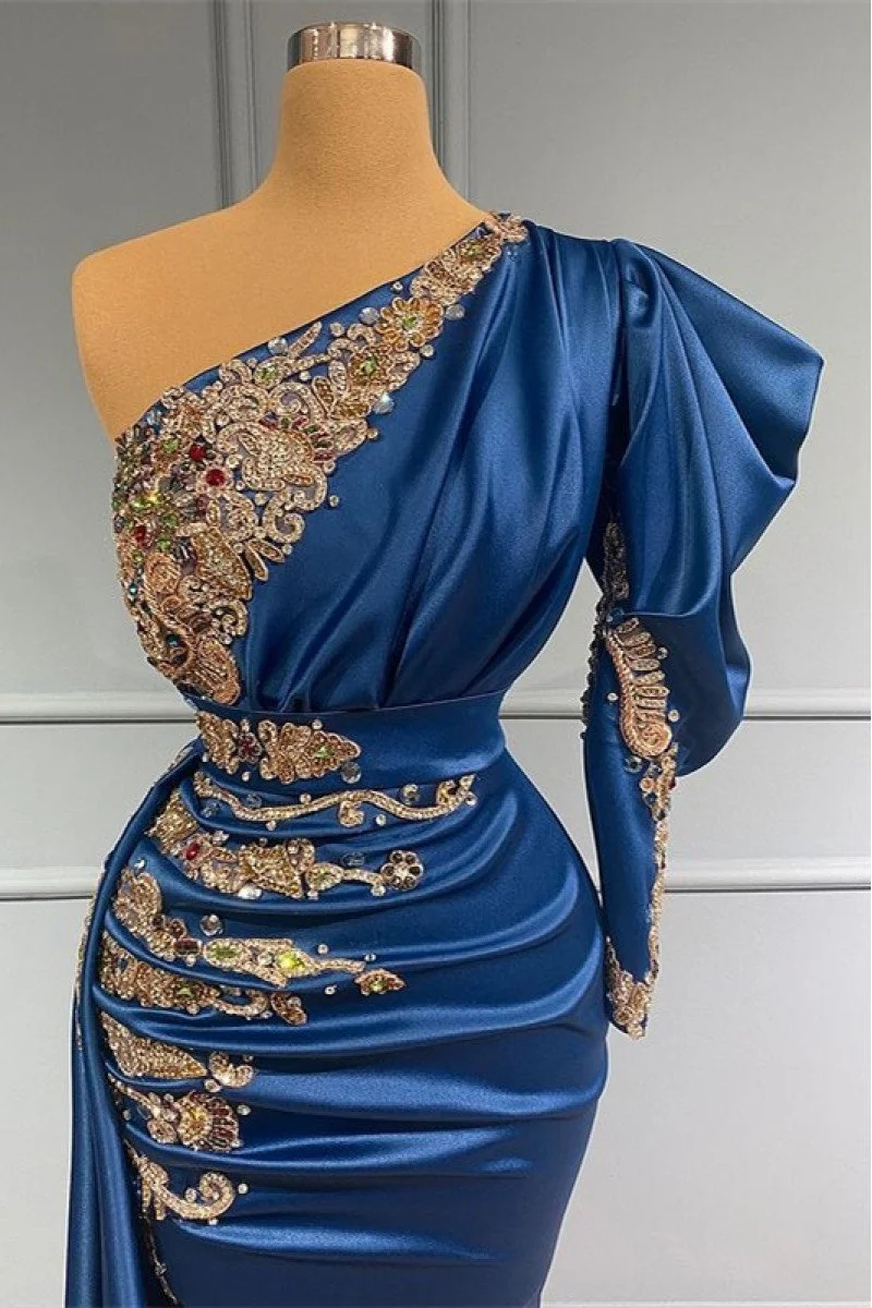 Dark Blue One Shoulder Sequins Appliques Prom Dress