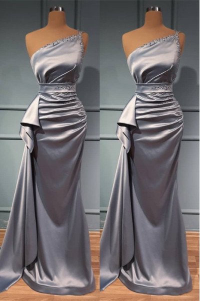 Cara Mild Gray One Shoulder Open Back Sheath Prom Dresses With Crystal