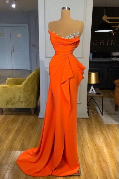 Carol Lovely Orange Strapless Ruffles Sheath Prom Dresses With Crystal Carol Lovely Orange Strapless Ruffles Sheath Prom Dresses With Crystal