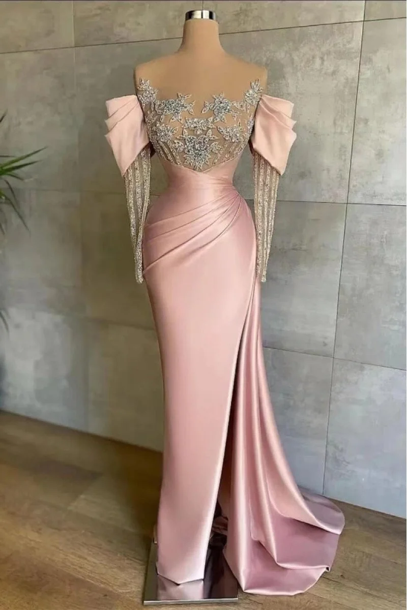 VC Pink Sparkly Sequins Long Dress Pearls Chains Design Off the Shoulder Long Sleeves Formal Occasion Mermaid Party Evening Gown