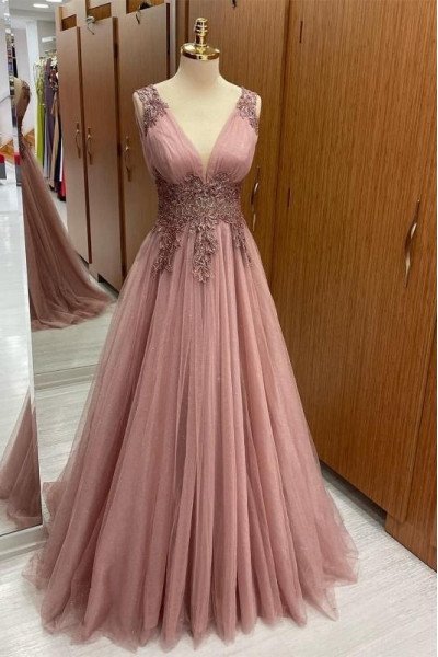 Cecilia Charming Nude Pink V-Neck Appliques A-Line Prom Dresses