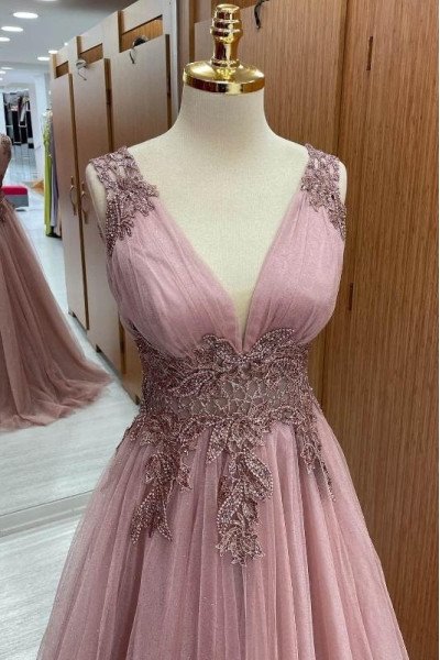 Cecilia Charming Nude Pink V-Neck Appliques A-Line Prom Dresses