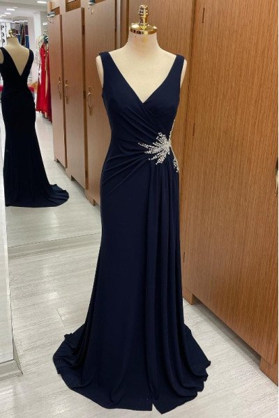 Claire Fancy Dark Navy V-Neck Open Back Beading Sheath Prom Dresses