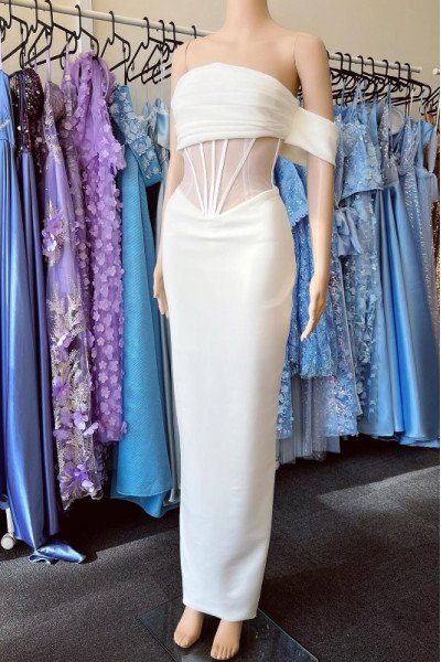 Clara Sexy White Strapless Open Back Sheath Prom Dresses 