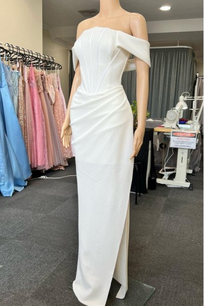Constance Mild White Off Shoulder Side Slit Sheath Prom Dresses