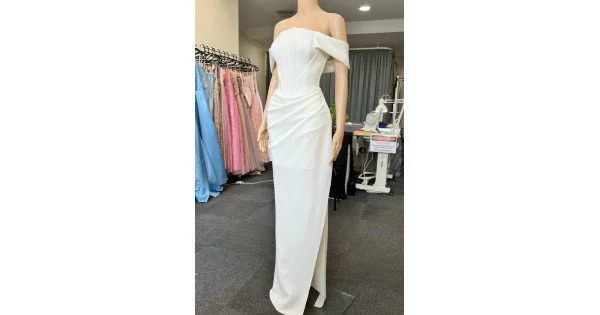 Chic Off-the-shoulder Pleated Sheath Slit Dress White main image 1