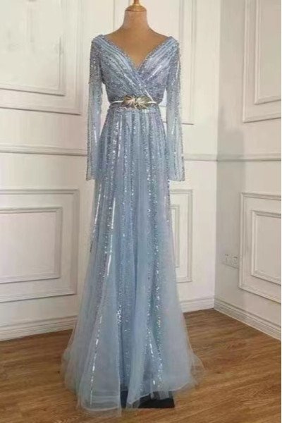 Coral Fancy Sky Blue V-Neck Long Sleeves Sheath Sequins Prom Dresses
