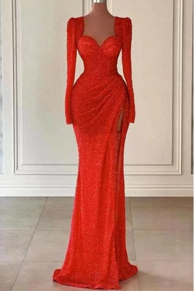 Daisy Sparkle Red Sequins Square Long Sleeves Side Slit Sheath Prom Dresses