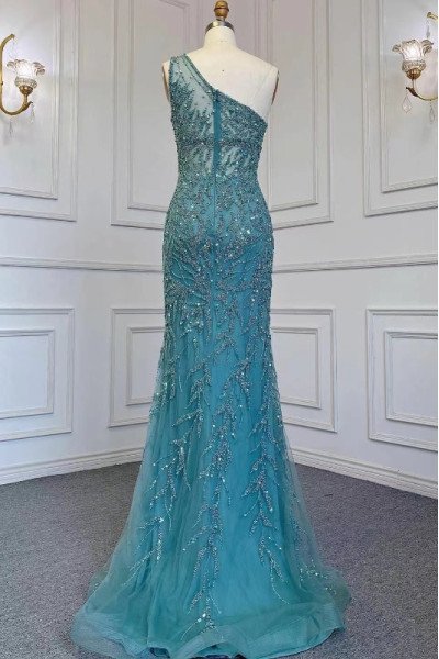 Dallas Chic Jade One Shoulder Open Back Side Slit Sheath Prom Dresses With Appliques