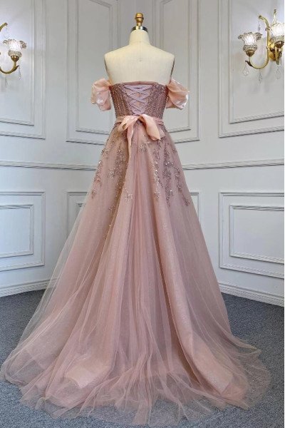 Dana Wonderful Dusty Pink Off Shoulder Beading A-Line Prom Dresses With Bowknot