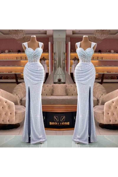 Deanna Sparkle Silver Square Side Slit Sequin Sheath Prom Dresses