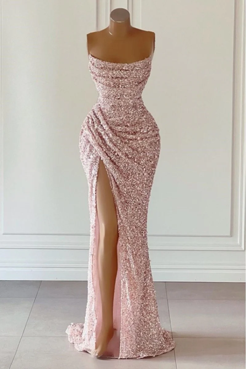 Glitter Sheath Deep V-Neck Spaghetti Straps Sequin Prom Dress With Slit,DS4918 main image 1