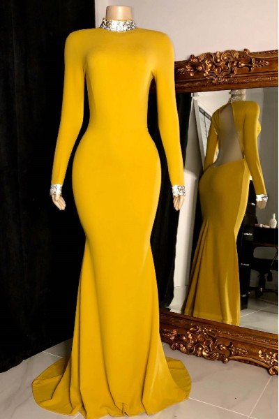 Elaine Fashion Yellow High Neck Long Sleeves Backless Sheath Prom Dresses
