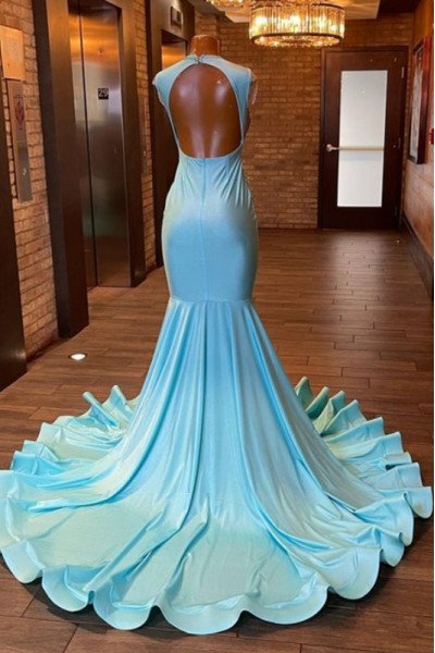 Ella Gorgeous Blue Jewel Backless Keyhole Mermaid Prom Dresses With Crystal