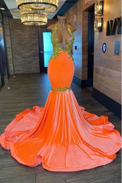 Elma Sexy Orange Halter Backless Appliques Mermaid Prom Dresses