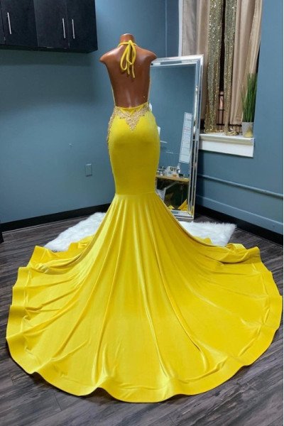 Elsie Fashion Yellow Halter Backless Appliques Mermaid Prom Dresses