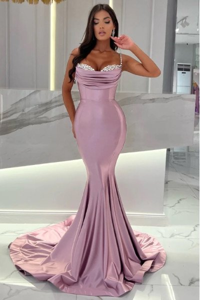 Hedda Modern Lilac Spaghetti Straps Beading Mermaid Prom Dresses With Ruffles