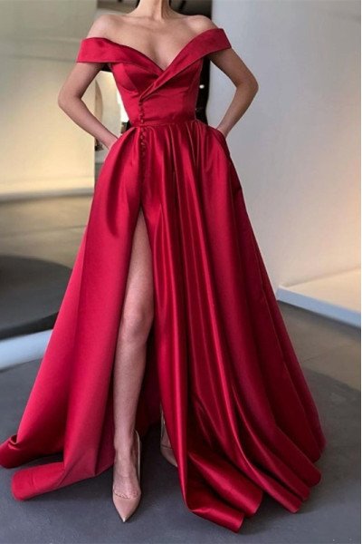 Eve Elegant Red Off Shoulder Side Slit A-Line Prom Dresses