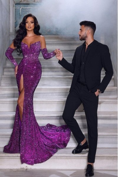 Frederica Sparkle Purple Sweetheart Side Slit Sequins Sheath Prom Dresses