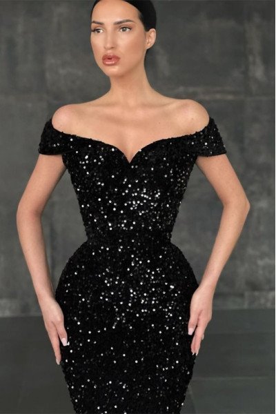 Alva Sparkle Black Sequins Off Shoulder Sheath Prom Dresses