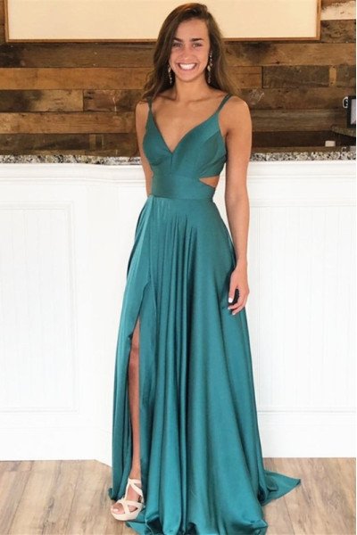 Anastasia Mild Jade V-Neck Open Back Side Slit A-line Prom Dresses