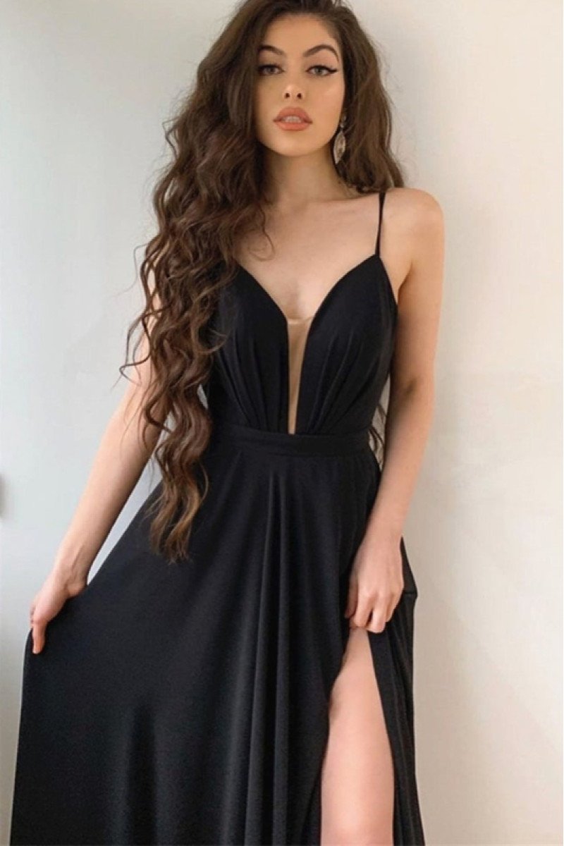 Angela Sexy Black Spaghetti Straps Side Slit Sheath Prom Dresses Angela Sexy Black Spaghetti Straps Side Slit Sheath Prom Dresses