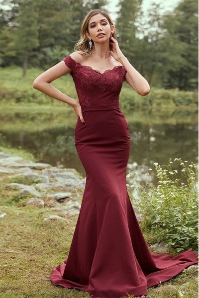 Alice Classical Burgundy Off Shoulder Open Back Appliques Sheath Bridesmaid Dresses Alice Classical Burgundy Off Shoulder Open Back Appliques Sheath Bridesmaid Dresses