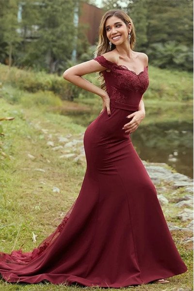 Alice Classical Burgundy Off Shoulder Open Back Appliques Sheath Bridesmaid Dresses Alice Classical Burgundy Off Shoulder Open Back Appliques Sheath Bridesmaid Dresses