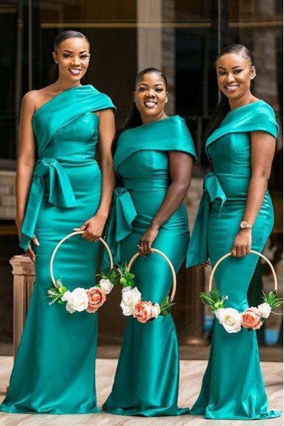 Alva Beautiful Jade One Shoulder Sleeveless Sheath Bridesmaid Dresses With Bowknot