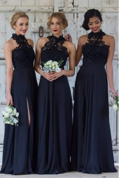 Amber Fancy Black High Neck Open Back Side Slit Sheath Bridesmaid Dresses With Appliques