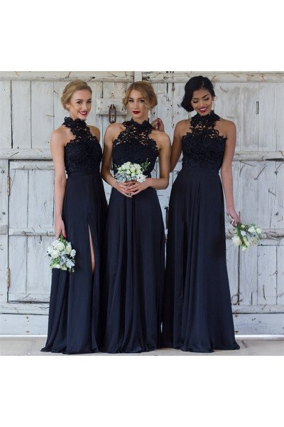 Amber Fancy Black High Neck Open Back Side Slit Sheath Bridesmaid Dresses With Appliques